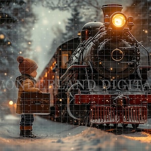 May include: A vintage steam train with a bright headlight is the focal point of this winter scene. A child in a winter coat and hat stands on a snowy path, holding a suitcase. The image has a warm, inviting glow.