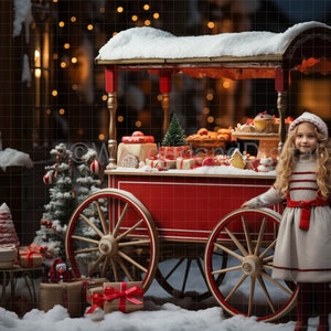 Weihnachten Digitaler Hintergrund, Roter Weihnachtswagen im Schnee, Weihnachtsbäckereiwagen, Digitaler Hintergrund