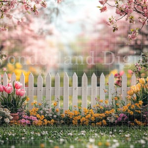 May include: A white picket fence with pink and yellow flowers in front of a blurred background of pink cherry blossom trees.