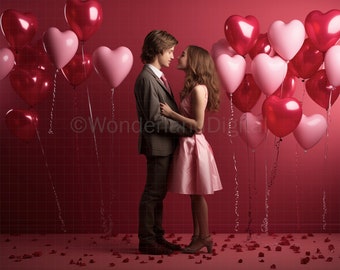 Valentines Day Digital Backdrop, Red Studio Backdrop with Heart Balloons, Valentines Day Portrait Backdrop