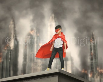 Superhero Digital Backdrop/Background, Destroyed City Background, City on Fire, Building Rooftop, Photography Backdrop