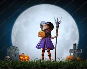 May include: A young girl dressed as a witch for Halloween holds a jack-o'-lantern and a broom in front of a full moon. She is standing in a graveyard with tombstones that read "R.I.P."
