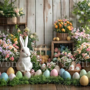 Easter Digital Background, Spring Backdrop, Floral Easter Background, Easter Eggs, Easter Bunny