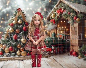 Christmas Train Digital Background - Christmas Digital Backdrop - Winter Background