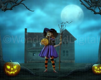 Haunted House Digital Backdrop, Halloween Night, Abandoned House, Pumpkins, Digital Background