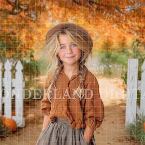 May include: A young person with blonde hair and blue eyes wearing a brown hat and shirt, standing in front of a white picket fence. The background features a vibrant autumn scene with orange foliage and pumpkins.