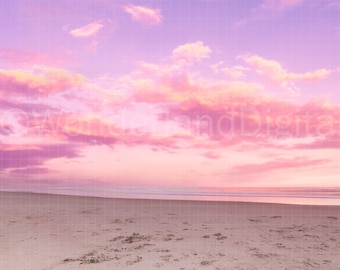 Strand landschap digitale achtergrond, Sunset Beach achtergrond, roze en paarse lucht, digitale achtergrond