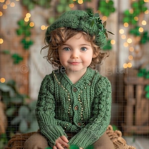 May include: A young child wearing a green knitted cardigan and a green beret with a floral embellishment. The child is sitting in front of a backdrop of green leaves and lights.