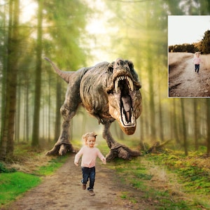 May include: A young girl runs along a path in a woodland, with a large, green dinosaur behind her. The dinosaur has its mouth open, showing sharp teeth. The girl is wearing a pink shirt and blue jeans.