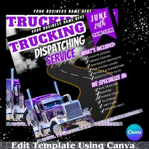 Puede incluir: Un folleto que anuncia servicios de despacho de camiones. El folleto presenta un camión semi-remolque morado y plateado sobre un fondo negro con un camino que serpentea a través de las nubes. El texto del folleto dice "Servicio de despacho de camiones" y enumera los servicios ofrecidos, incluida la planificación de la carga, las verificaciones de crédito, el protocolo de seguro, las cargas mejor pagadas, la facturación y el papeleo, y la tasa de negociación. El folleto también enumera los tipos de remolques en los que se especializa el servicio, incluidos los remolques de caja, los remolques refrigerados, los remolques de potencia únicamente, los remolques de plataforma, los remolques secos y los remolques de potencia únicamente. El folleto incluye la fecha 24 de junio y la hora de 9:00 a. m. a 5:00 p. m. El folleto también incluye la dirección del sitio web www.yoursite.com y el texto "Editar plantilla usando Canva".