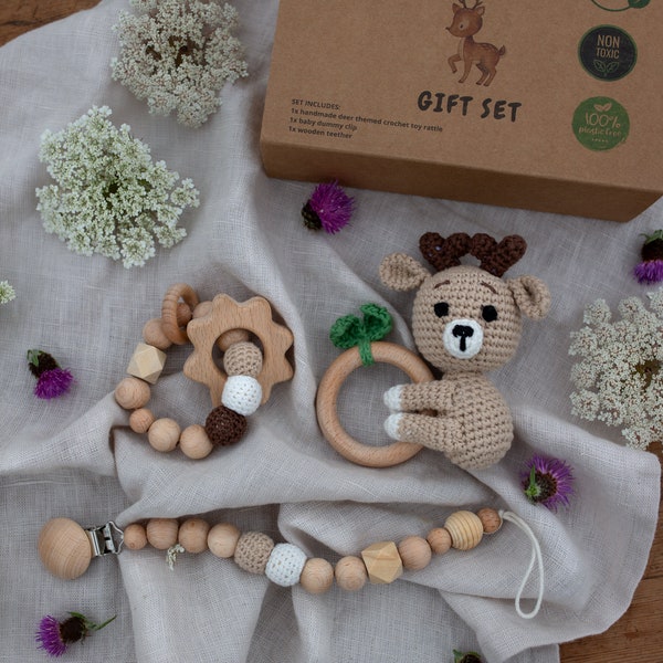 3 Piece Deer Rattle. New Born Gift. Baby Gift. Baby Shower Gift. 100% Cotton Crochet. Rattle Set. Handmade Toy. Baby rattle. Eco Friendly