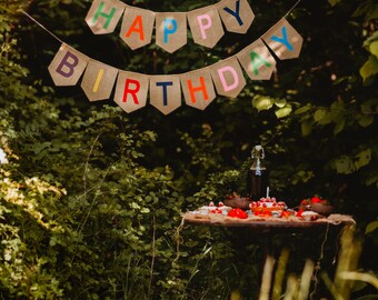 Happy Birthday Jute-Banner – Weißes Alphabet, Für Geburtstagsdeko
