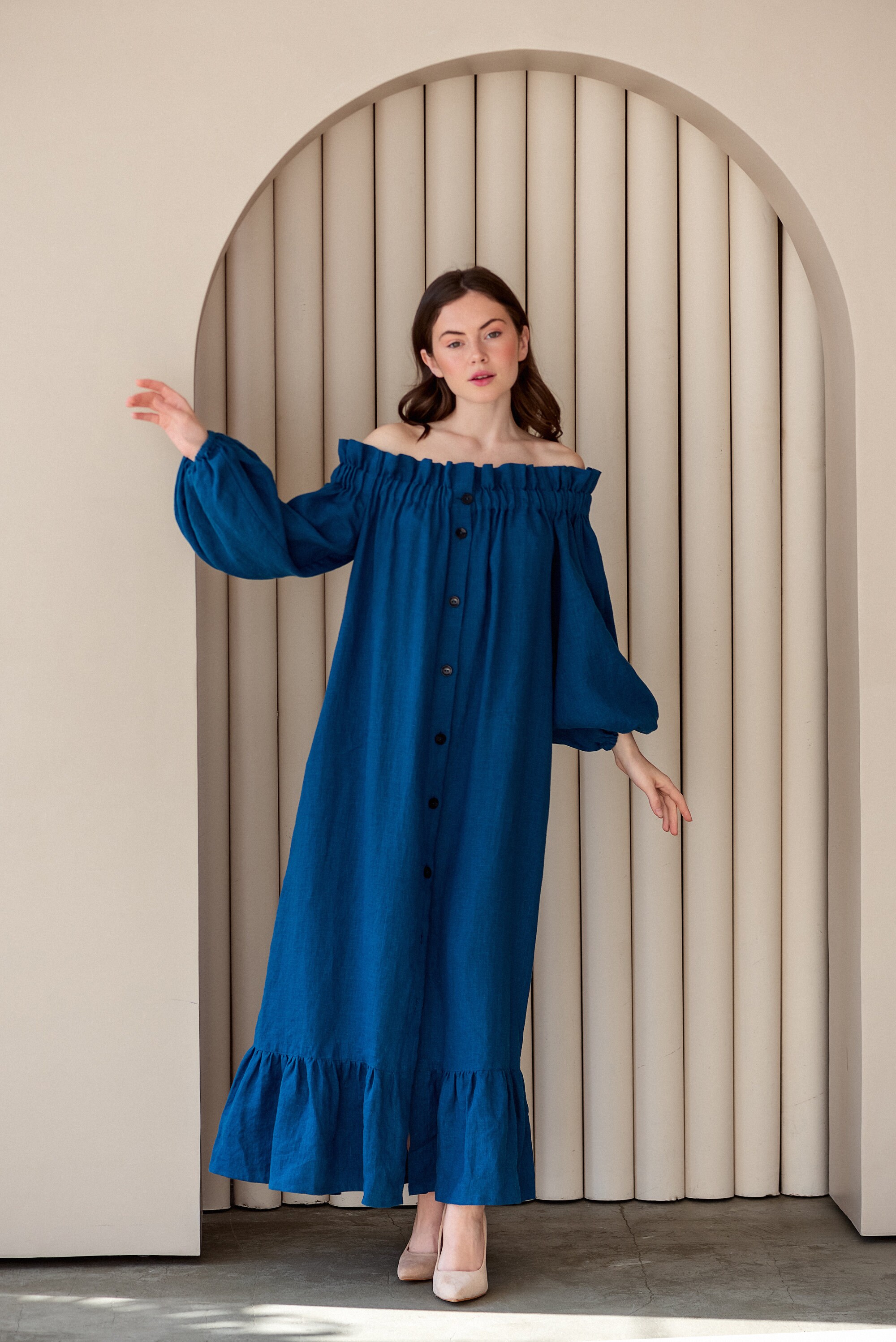 Navy blue prairie linen dress with long puff sleeve belt and Etsy