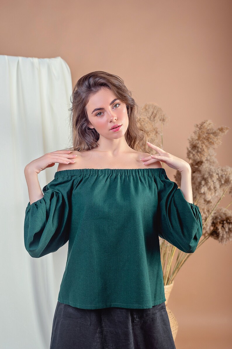 Romantic off the Shoulder Linen Peasant Blouse With Long Puff Etsy