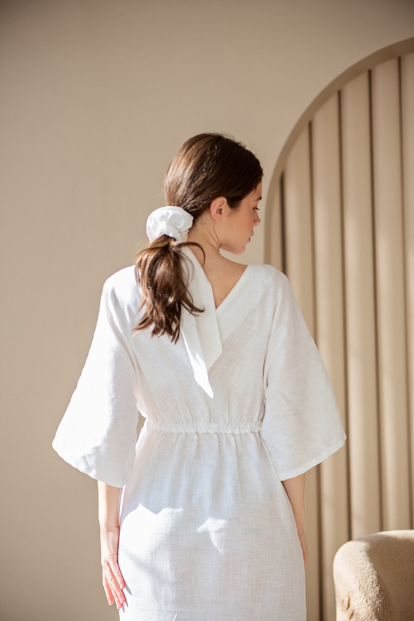 Elegant white linen wrap dress for woman Midi V neck kimono Etsy