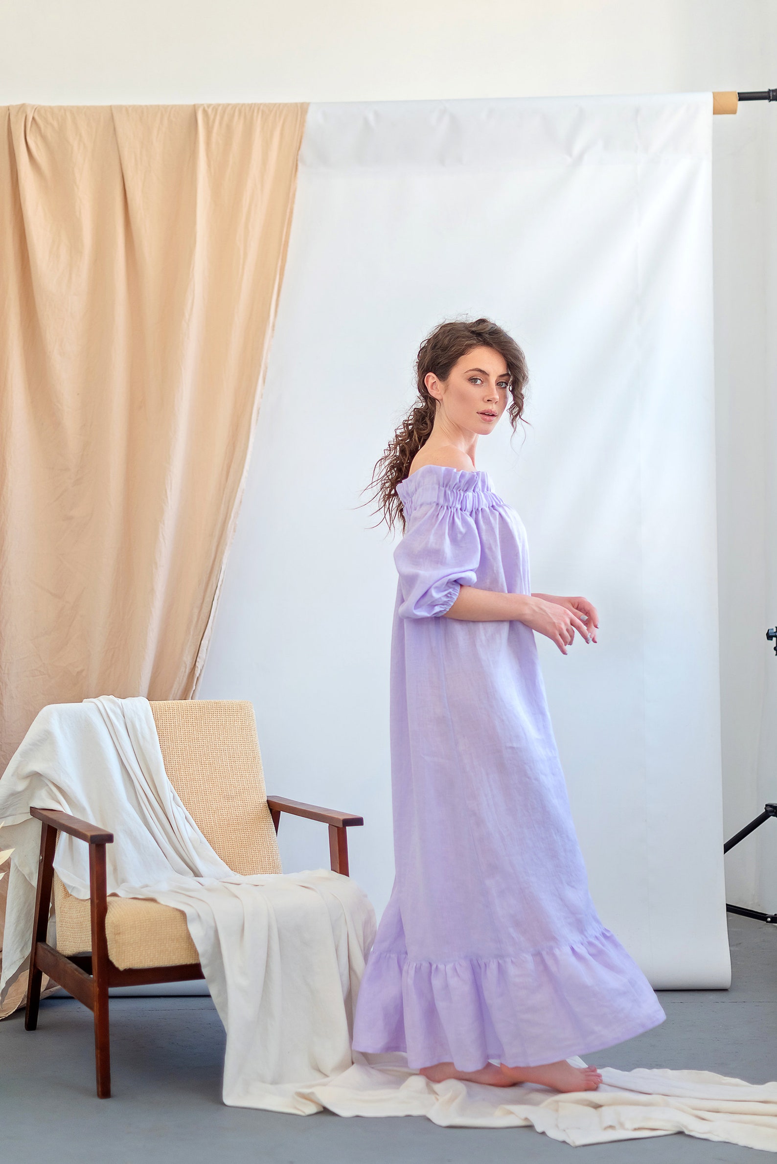 Off shoulder peasant linen maxi dress for woman Romantic Etsy