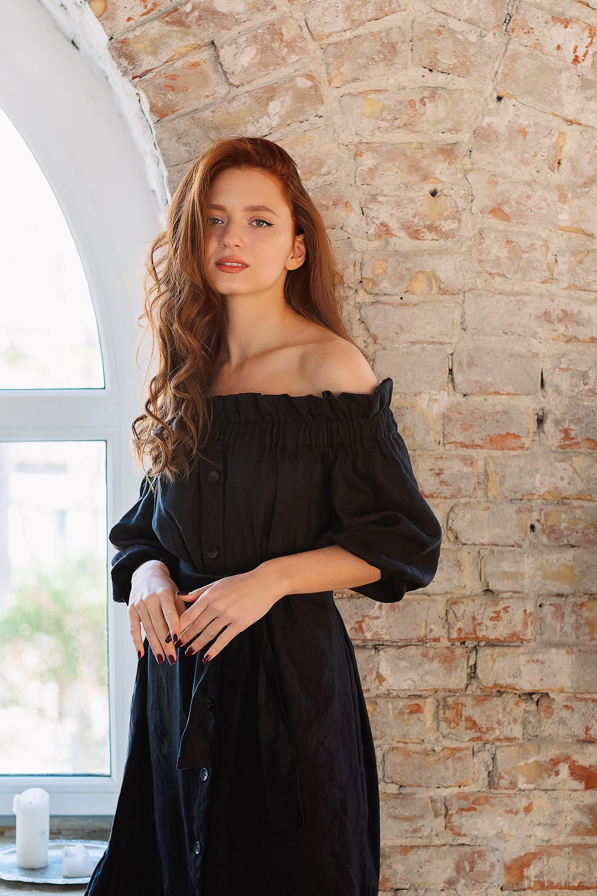 Black off the Shoulder Midi Linen Dress 