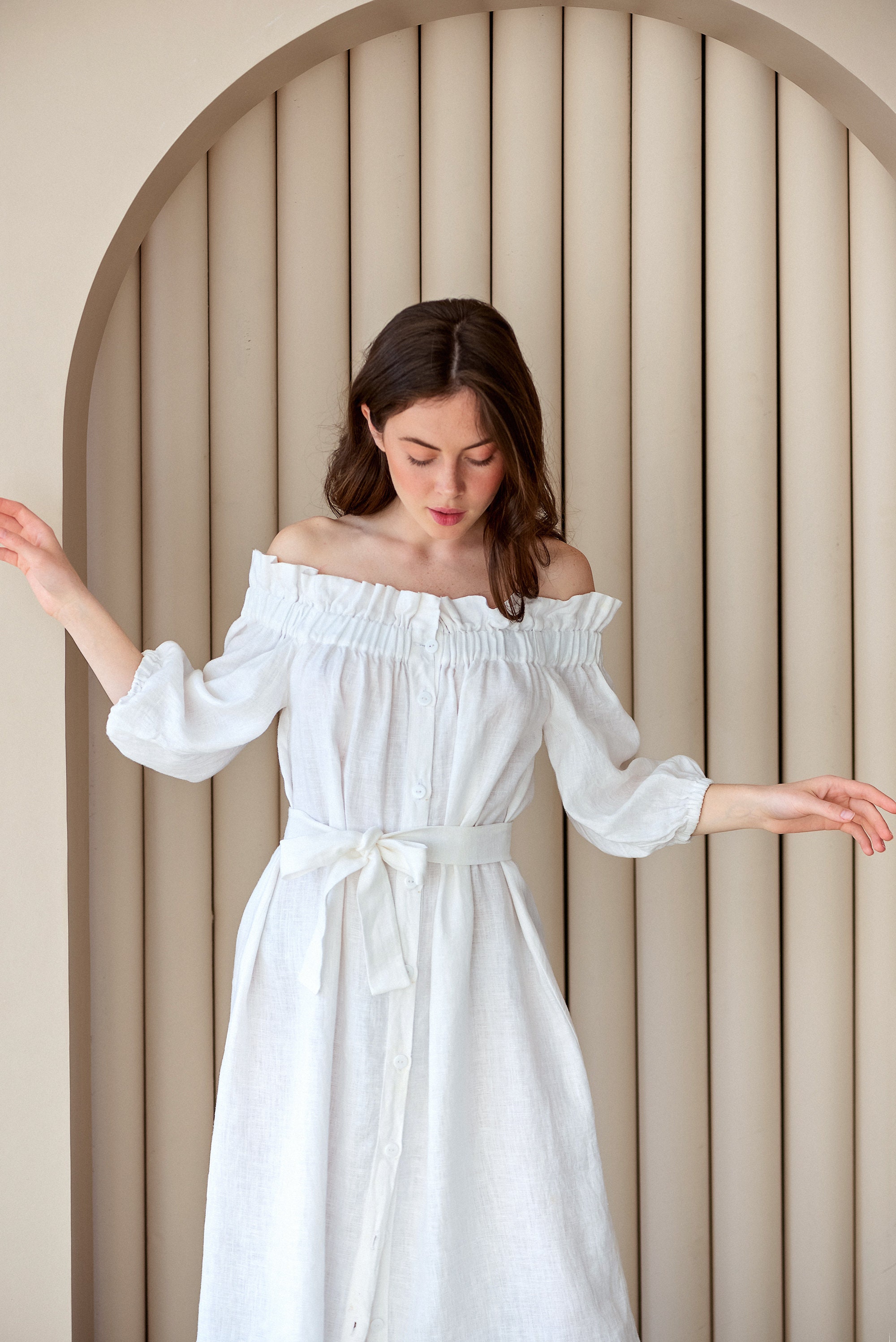 White linen dress with belt Engagement white linen dress Etsy