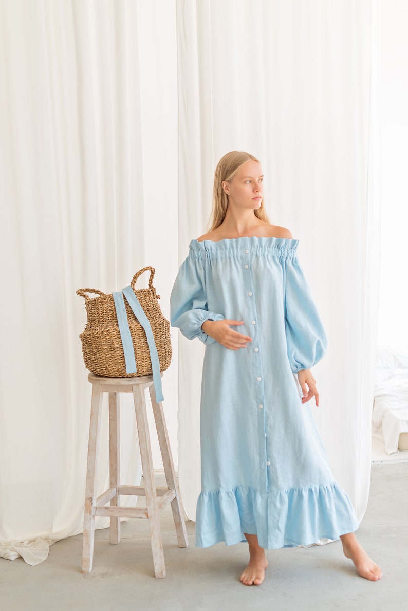 Prairie dress Light Blue linen long puff sleeve dress with Etsy