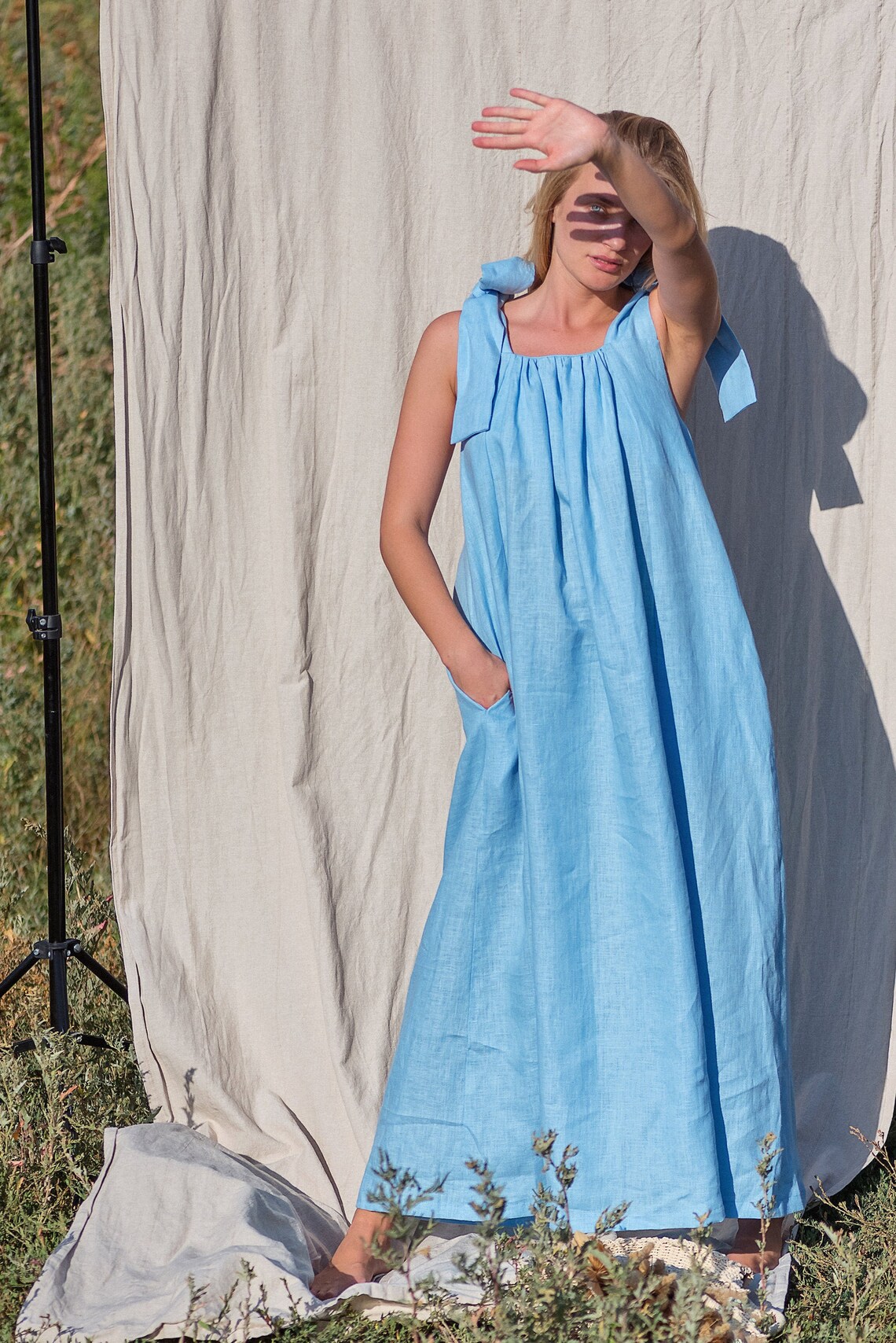 Light Blue linen maxi dress with wide strap and bows. Summer | Etsy