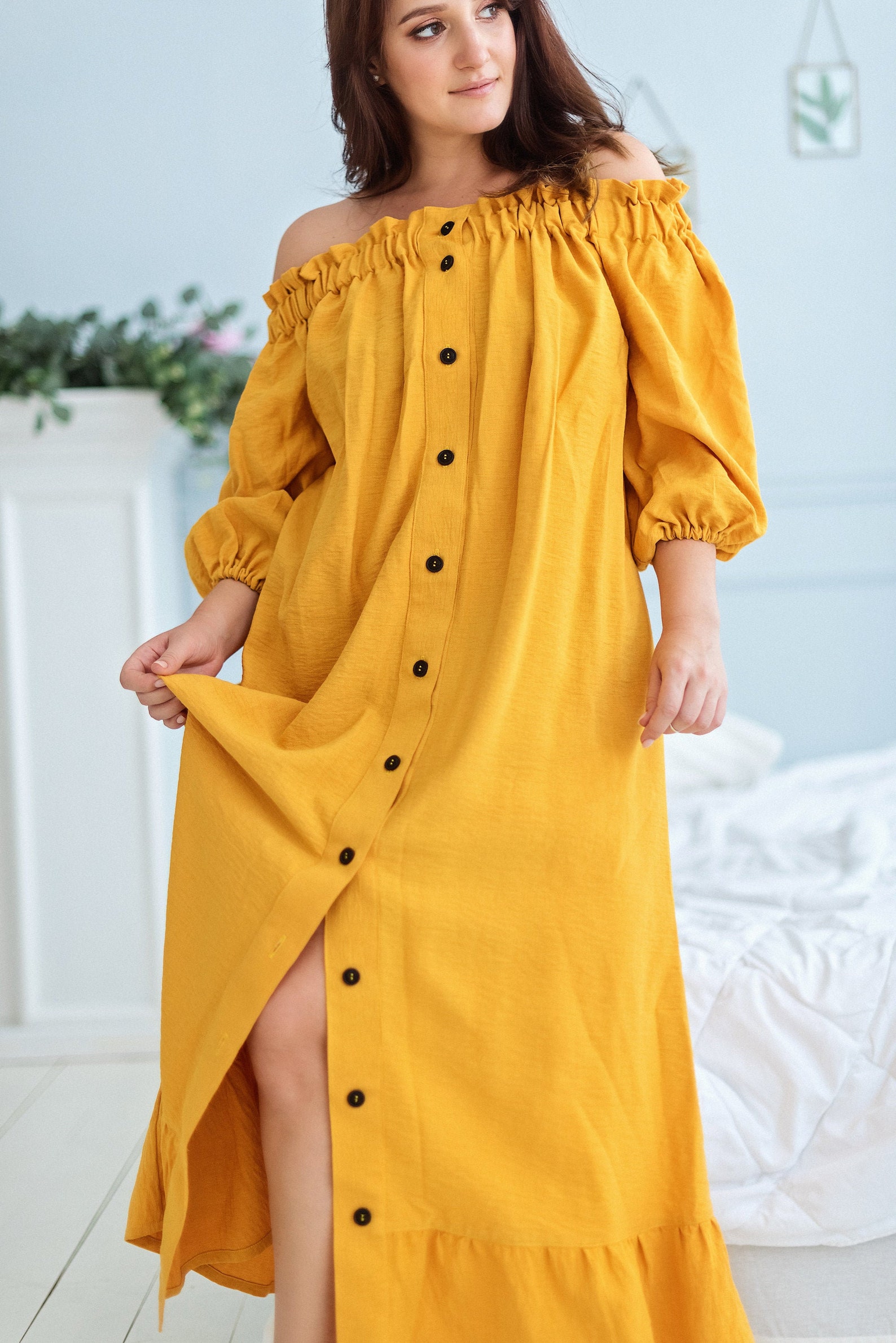 PLUS SIZE mustard yellow maxi dress Off shoulder summer linen Etsy