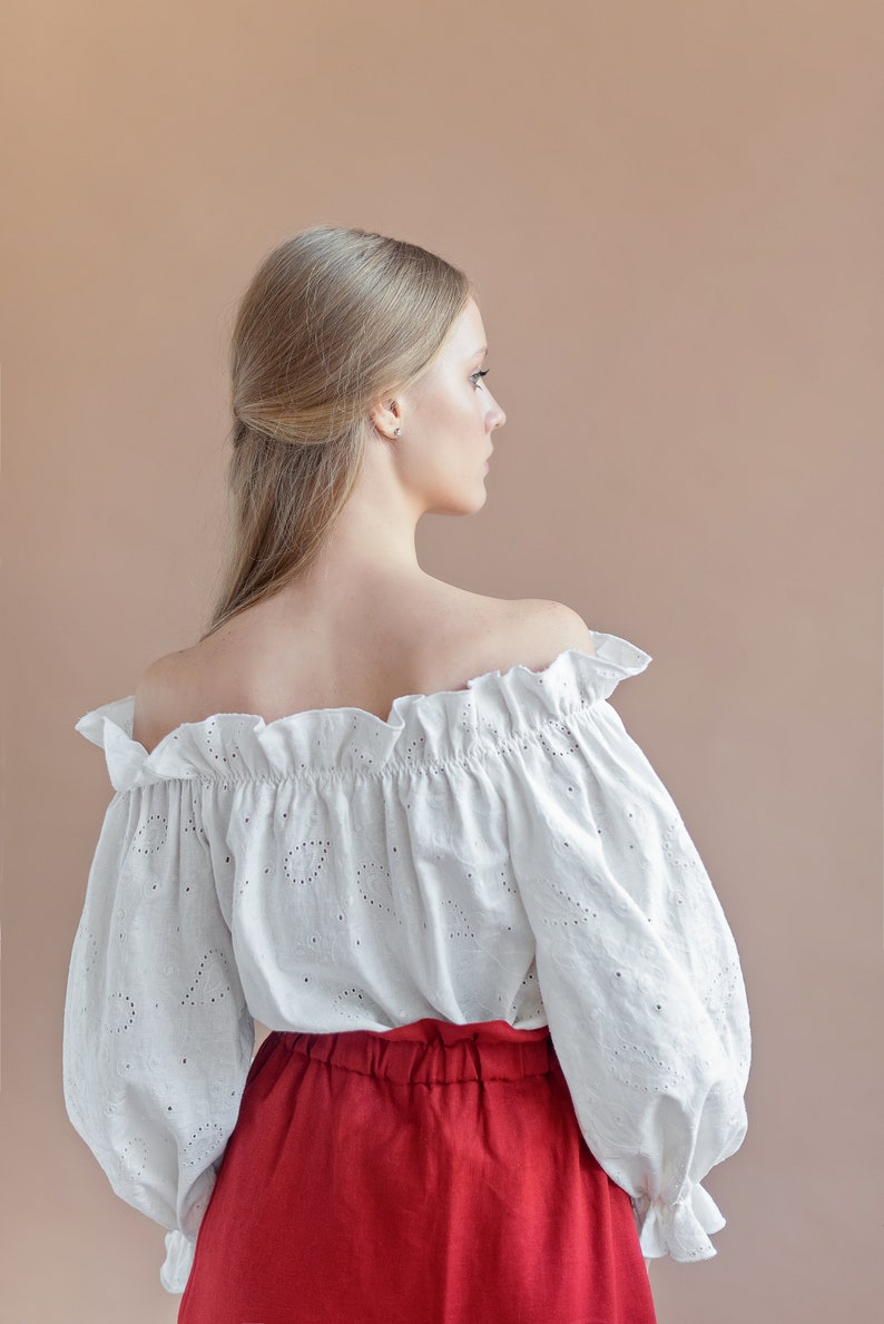 Off the shoulder white linen top with puff sleeve Peasant Etsy