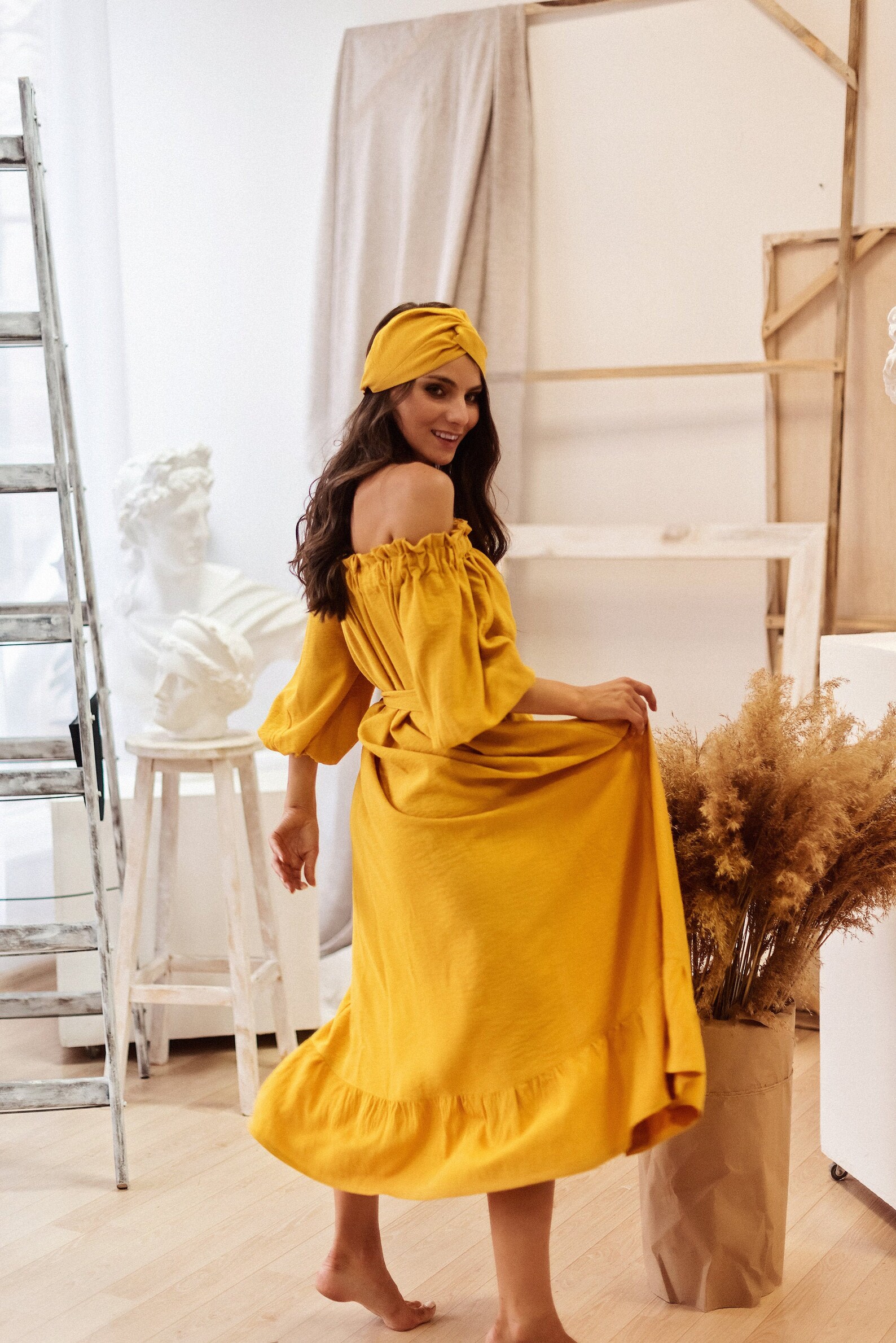 Mustard maxi linen dress with belt and button Off the shoulder Etsy