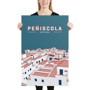 May include: A poster featuring a stylized illustration of Peñíscola, Spain. The artwork depicts white buildings with red roofs against a teal background. The text "PEÑISCOLA ESPAÑA" is displayed in white and red at the top of the poster.