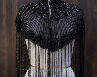 Deep Black Beaded Bridal Cape: Wedding & Evening Cover-Up