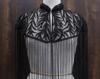 Deep Black Motif Beaded Bridal Cape: Wedding & Evening Cover-Up