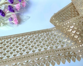 Elegant Creme Gold Sequin Embroidered  Trim, Cutwork Sari Border, Indian Wedding Dress Embellishments, DIY Sewing Drapery Decor by Yard