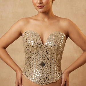 Luxury Gold Mirror Work Corset: Embellished Bustier for Party Wear