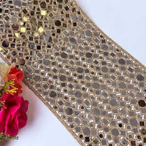 1 Yard Broad Gold Mirrorwork Lace Border, Cutwork Glass Border for Lehenga, Denim, Plazo, Wedding Dress Embellishments, Wall Decor 20cm