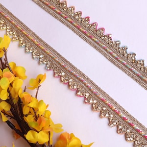 Golden Zircon Crystal Scallop Trim: Rainbow Thread Embroidered Lace, 9 Yards