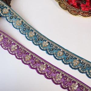 9 jardas - roxo/verde pavão frisado miçangas e lantejoulas douradas zari bordado acabamento renda, elegante vestido enfeite renda 3 cm de largura