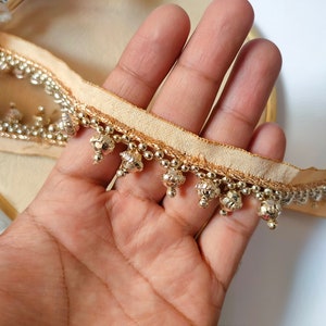 Elegant Light Gold Beaded Tassel Trim, Antique Gold Dupatta Sari Lehenga Lace, Suspended Beaded Indian Embellishment Lace 4/8 Yards