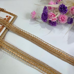 9 Yards - Beautiful Rose Golden Scalloped Zari Embroidered Narrow Lace, Indian Sari Dupatta Ribbon Trim, DIY Sewing Crafting Drapery