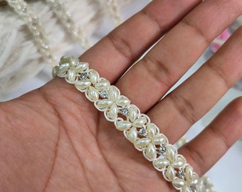 Bellissimo bordo sottile perlato bianco sporco con strass, pizzo con bordo Saree Dupatta, pizzo ricamato indiano largo 1,5 cm