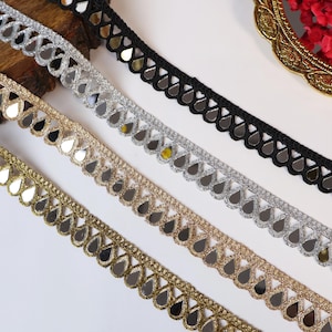 4 Colors - Narrow Scalloped Real Mirror Trim Lace, Indian Mirrorwork Lace, Trim for Chockers, Fancy Dresses & Sari Lehenga Lace - 2cm Wide