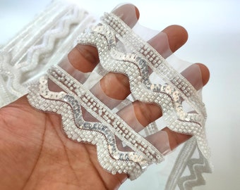 Organza Wave White Scalloped  Sequin & Glass Bead Cutdana Embroidered Border Trim, Wedding Dress Lace, Indian Sari Garments Lace Trim 4cm