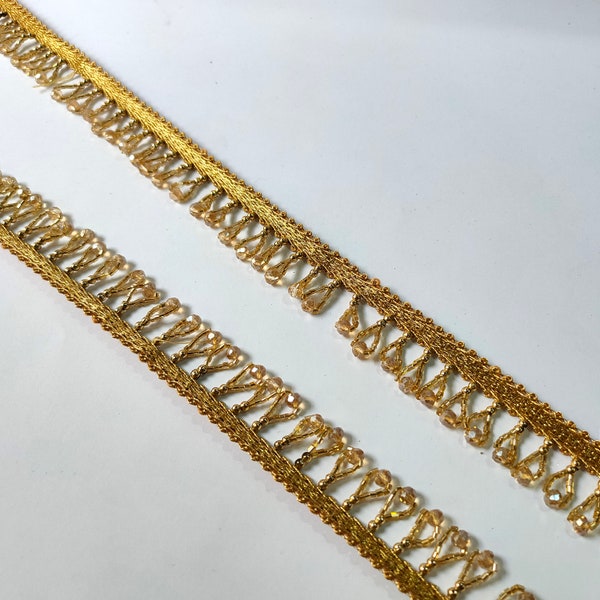 Elegant Golden Mini Crystal Scallop Trim, Vintage Glass Beads Lace, DIY Sewing Drapery Crafting Lampshade Trim 2.5cm Wide - 9 Yard