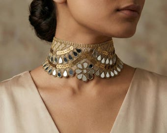 Glam Mirror Sequin Choker: Handmade Ethnic Boho Collar