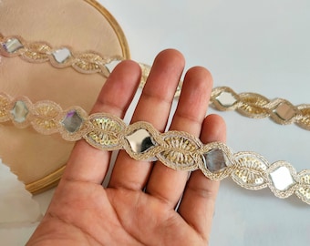 Encaje de ajuste de espejo real dorado claro estrecho, encaje de trajes Sari Lehenga bordado indio, suministro de faja de boda, artesanía de costura diy - 2 cm