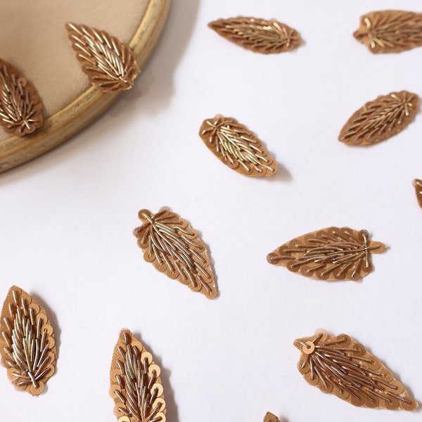 25 Pc- Antique Gold Leaf Shaped Zardozi Applique Patches, Floral Indian Decorative Patches for Sari, Kurti, Headbands, Size 3.5x2 cm