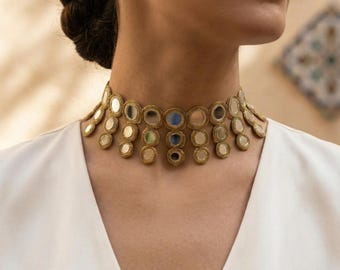 Mirage Drop Mirror Choker: Golden Handmade Boho Neck Collar