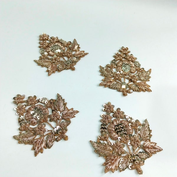 Set of 4 - Gold Handcrafted Indian Zardozi Embroidered Sequin Applique Sew On Patch, Decorative Beaded Wedding Dress