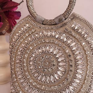 Luxury Silver Circle Design Bridal Handbag, Handcrafted Purse with Pearl & Crystals, Wedding Clutch Bag for Women, Best Gift Ideas for Her