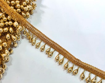 Antique Gold Rain Drop Suspended Beaded Trim, Lehenga Dupatta Lace, Upholstery Trim, Beaded Tassel Border Indian Wedding Dress Trim