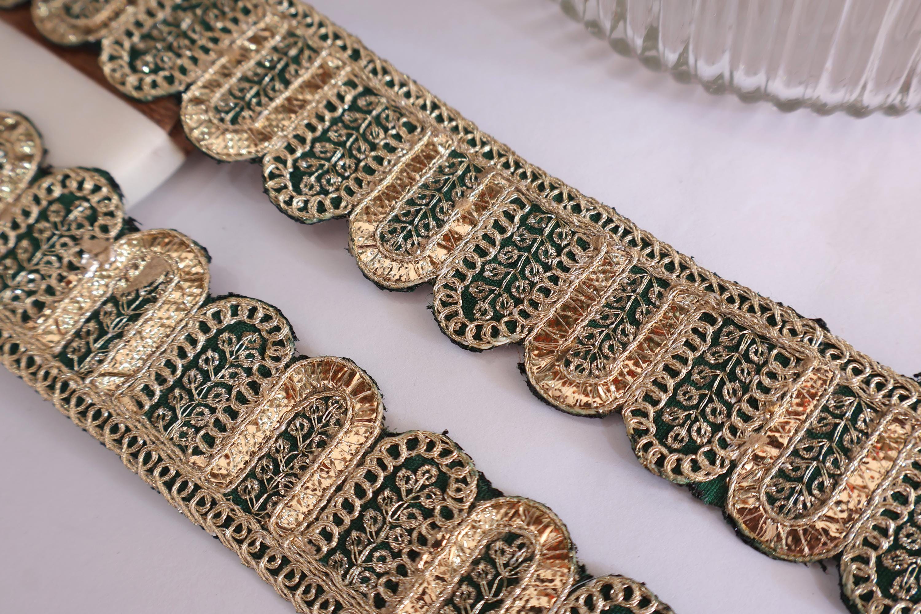 Rama Green Scalloped Lace Trim: Golden Gota Patti Embroidered Sari ...