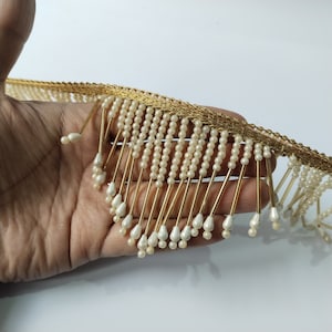 Impresionante perla sintética y cuentas de vidrio, gota de lluvia de oro antiguo, ribete con cuentas de vieira suspendida, encaje de borla Lehenga Dupatta con cuentas indias imagen 3